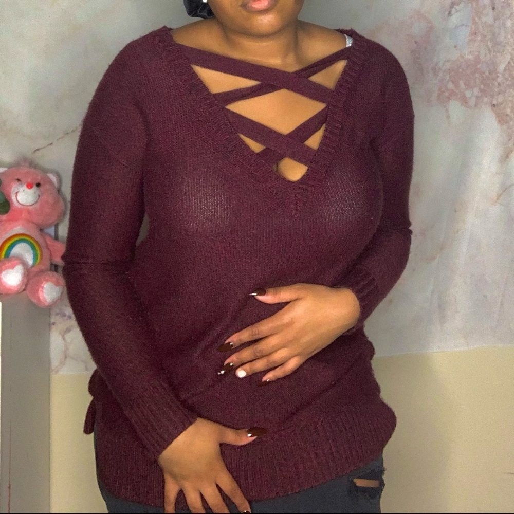 Open Front Cross Up Sweater - Deep Red Sweater